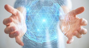 İşadamı dijital üçgen küre hologram 3d render patlayan kullanarak arka plan bulanık üzerinde