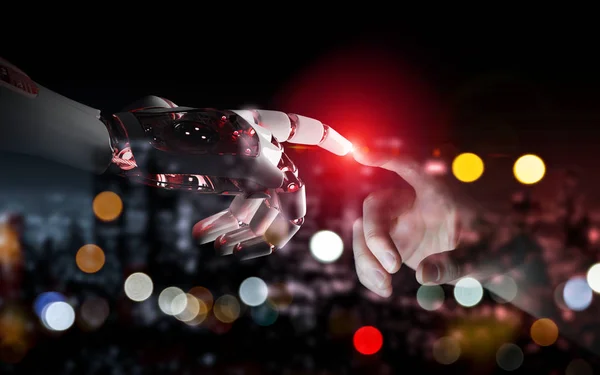 Red robot hand making contact with human hand on dark background 3D rendering