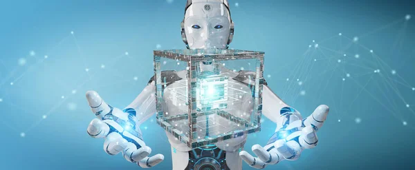 Robot Blanc Sur Fond Flou Créant Une Future Structure Technologique — Photo