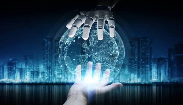Robot hand and human hand touching digital world on dark background 3D rendering