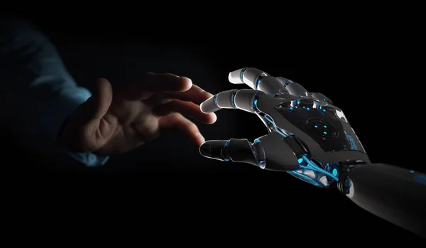 Ρομπότ Χέρι Έλθει Επαφή Ανθρώπινο Χέρι Σκούρο Φόντο Rendering — Φωτογραφία Αρχείου