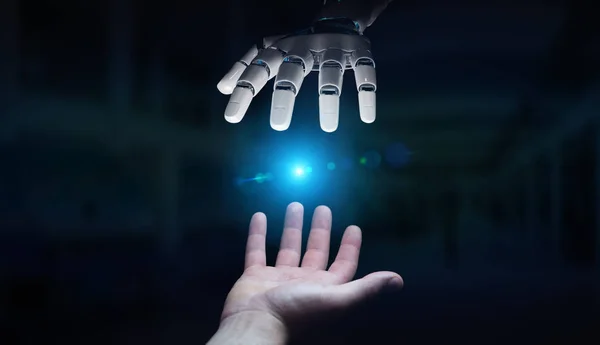 Robot Hand Att Kontakt Med Mänsklig Hand Mörk Bakgrund Rendering — Stockfoto