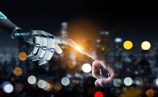 Robot Hand Contact Maken Met Menselijke Hand Donkere Achtergrond Rendering — Stockfoto