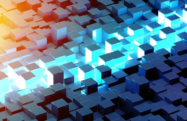 Parlak mavi ve turuncu soyut kareler arkaplan deseni 3D görüntüleme