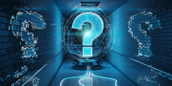 Blue question marks digital hologram in underground 3D rendering