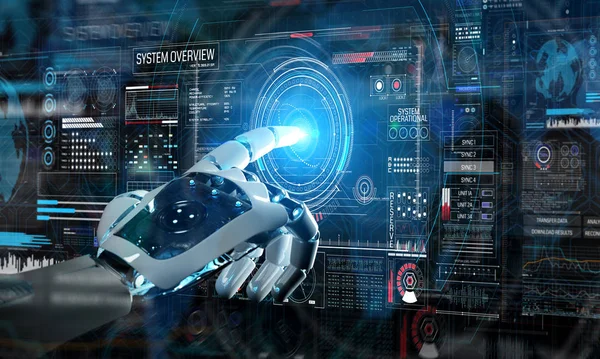 智能机器人机器使用数字屏幕接口与他的手3D — 图库照片