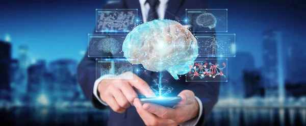 Zakenman Met Behulp Van Digitale Projectie Van Een Menselijk Brein — Stockfoto
