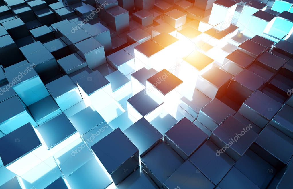 Glowing black blue and orange abstract squares background pattern 3D rendering