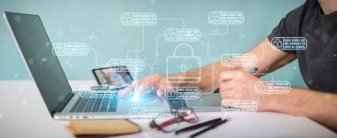 Onun veri ince çizgi güvenlik arabirimi ile koruma arka plan bulanık üzerinde grafik tasarımcı