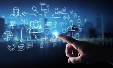 İnce çizgi sosyal ağ simgeleri arabirimini kullanarak arka plan bulanık üzerinde işadamı