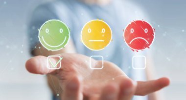 İnce çizgi müşteri memnuniyeti derecelendirme kullanarak arka plan bulanık üzerinde işadamı