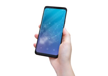 Modern smatphone mockup beyaz arka plan üzerinde tutan kadın el