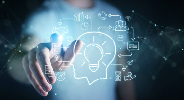 Businessman on blurred background using thin line icon project plan presentation