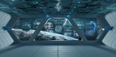 Mavi uzay gemisi iç denetim masası ekranlar 3d render ile uzayda