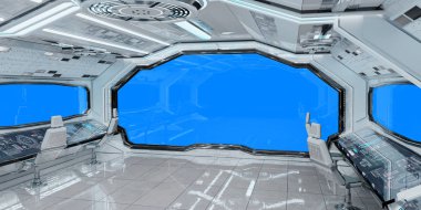 Mavi arka plan 3d render ile beyaz temiz uzay gemisi iç