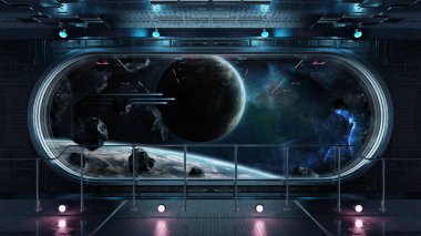 Siyah teknoloji uzay gemisi yuvarlak pencere iç uzak sistem 3d işleme öğeleri Nasa tarafından döşenmiş bu görüntünün üzerinde manzaralı