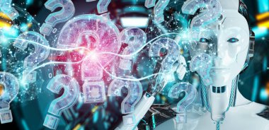 Cyborg bulanık arka plan dijital soru işaretleri 3d render ile sorun çözme