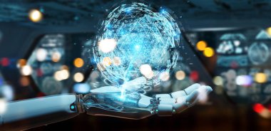 Beyaz robot el dijital üçgen küre hologram 3d render patlayan kullanarak arka plan bulanık üzerinde