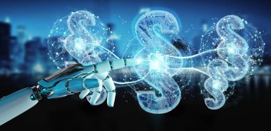 Cyborg Yargıç 3d işleme dijital paragraf hukuk simgesini kullanarak arka plan bulanık üzerinde