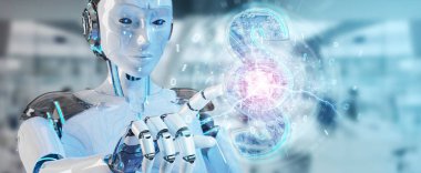 Cyborg Yargıç 3d işleme dijital paragraf hukuk simgesini kullanarak arka plan bulanık üzerinde