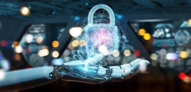 Arka plan bulanık 3d render robot tarafından kullanılan web güvenlik koruma arayüzü