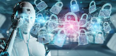 Arka plan bulanık 3d render robot tarafından kullanılan web güvenlik koruma arayüzü
