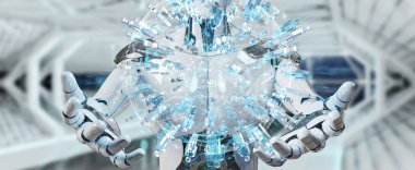 İnsanlar 3d render bağlanmak için dijital dünya kullanarak arka plan bulanık beyaz erkek robot