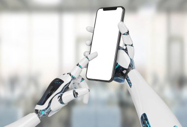 Modern smartphone mockup office arka plan 3d render tutan beyaz robot el