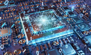 Devreli ve bağlantıları 3 boyutlu olan modern bir GPU kartının yakın görüntüsü