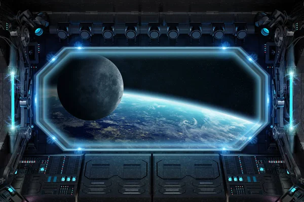 Dark Spaceship Interior Large Window View Space Rendering — Stock Photo, Image