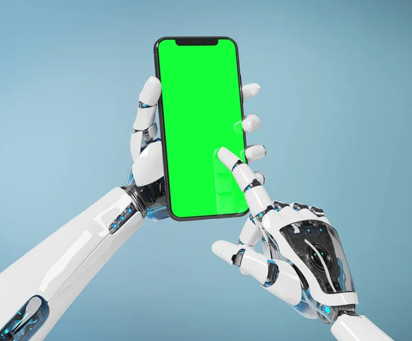 Branco Robô Mão Segurando Moderno Smartphone Mockup Fundo Azul Renderização — Fotografia de Stock