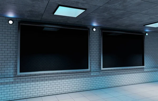 Cartelera Dos Anuncios Estación Metro Oscuro Renderizado — Foto de Stock