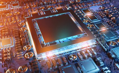 Devre, renkli ışıklar ve 3D görüntüleme ile modern bir GPU kartının yakın görüntüsü