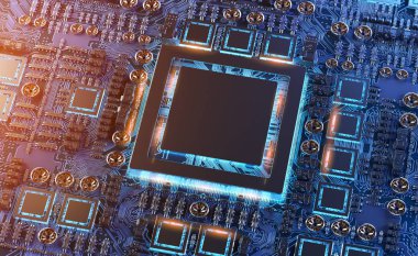 Devre, renkli ışıklar ve 3D görüntüleme ile modern bir GPU kartının yakın görüntüsü
