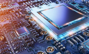 Devre, renkli ışıklar ve 3D görüntüleme ile modern bir GPU kartının yakın görüntüsü