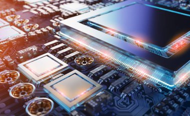 Devre, renkli ışıklar ve 3D görüntüleme ile modern bir GPU kartının yakın görüntüsü