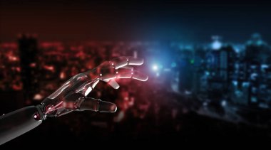 Kırmızı robot el işaret parmağı koyu arka planda 3d render