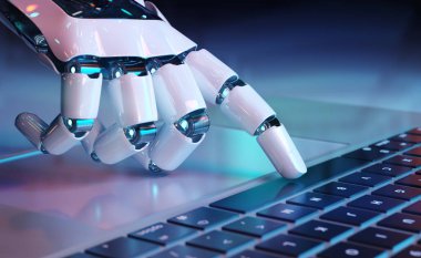 3D dizüstü bilgisayarda klavyeye basan robot el.