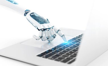 Bir dizüstü bilgisayar 3d render bir klavye tuşuna basarak robot cyborg el Beyaz