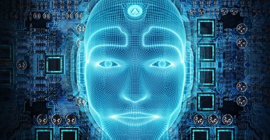Yapay zeka kavramı 3B oluşturmayı temsil eden robot adam cyborg yüz