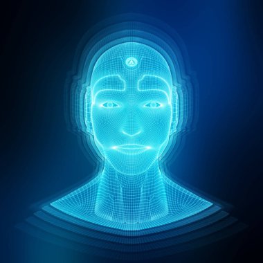 Bir robot cyborg baş kavram 3d render ile akıllı makine