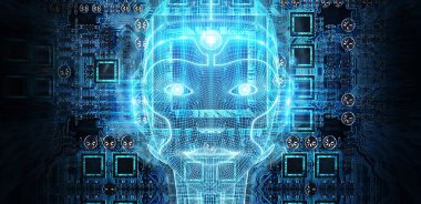 Yapay zeka kavramı 3B oluşturmayı temsil eden robot kadın cyborg yüz