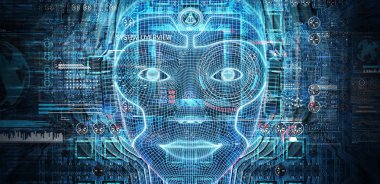 Yapay zeka kavramı 3B oluşturmayı temsil eden robot kadın cyborg yüz