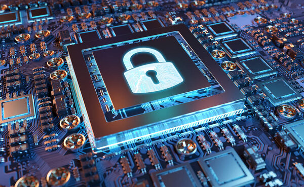 Close-up view of a modern GPU card circuit with cyber security activated 3D rendering