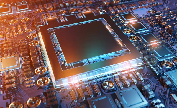 Devre, renkli ışıklar ve 3D görüntüleme ile modern bir GPU kartının yakın görüntüsü