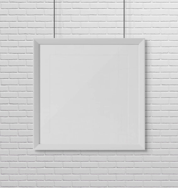 White squared frame hanging in front of a wall mockup 3d rendering