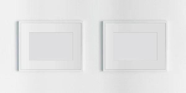 Dois Quadros Brancos Pendurados Mockup Parede Texturizado Branco — Fotografia de Stock