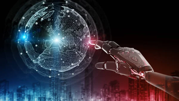 Röd Robot Hacking Världen Network System Mörk Bakgrund Rendering — Stockfoto
