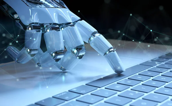 Cyborg Hand Drückt Eine Tastatur Auf Einem Laptop Dunkelblauem Hintergrund — Stockfoto