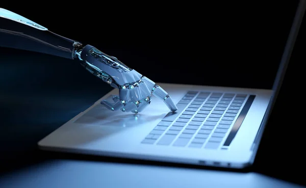 Cyborg Kéz Nyomja Meg Billentyűzetet Egy Laptop Sötétkék Háttér Renderelés — Stock Fotó